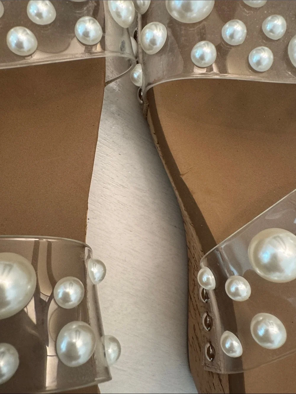 Worn once~ Corkys Pearl-Stud Clear Double-Strap Wedge Sandals - Brown